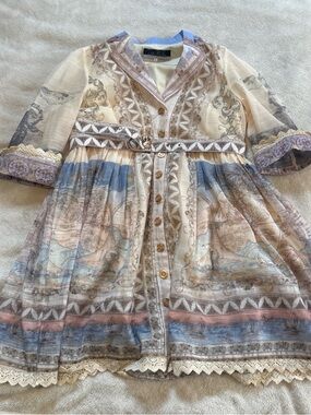 Boho Map-Print Mini Dress in Cream and Blue